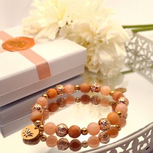 Aventurin- Nap jáde Love karkötő Rose gold színű Lávakővel és nemesacél kiegészítőkkel