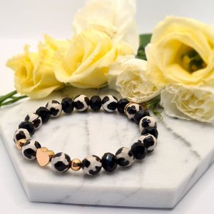 Tibeti Dzi- fekete kristályüveg Pure Love karkötő rose gold nemesacél kiegészítőkkel