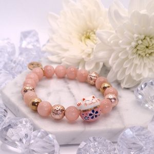 Nap jáde Lucky Cat karkötő rose gold színű Lávakő és nemesacél kiegészítőkkel