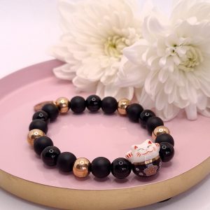 Ónix Lucky Cat karkötő rose gold nemes acél kiegészítőkkel