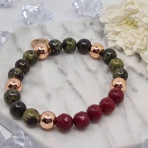 Sárkányvér jáspis- Vörös korall Minimal karkötő rose gold Hematittal