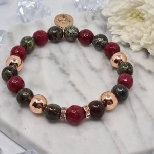 Sárkányvér jáspis- Vörös korall Nature karkötő rosegold Hematit és strasszos kiegészítőkkel
