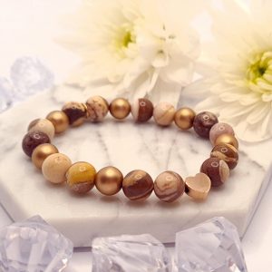 Ausztrál jáspis Harmony karkötő Preciosa gyönggyel, rose gold nemesacél szívvel