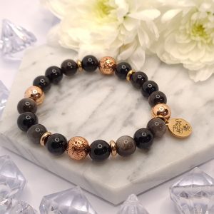 Obszidián-Ónix Princess karkötő rose gold Hematit és Lávakő kiegészítőkkel