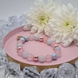 Akvamarin- Rózsakvarc Lovely karkötő Hematit és Swarovski kiegészítőkkel