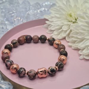 Rodonit Yoga karkötő rose gold Hematit Buddhával és Lávakővel