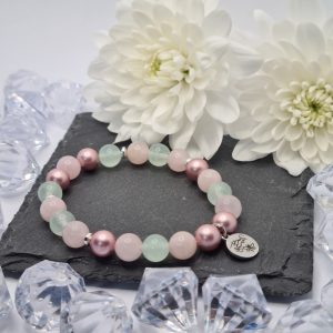 Rózsakvarc- Cián jáde Soft karkötő Hematit és Swarovski kiegészítőkkel