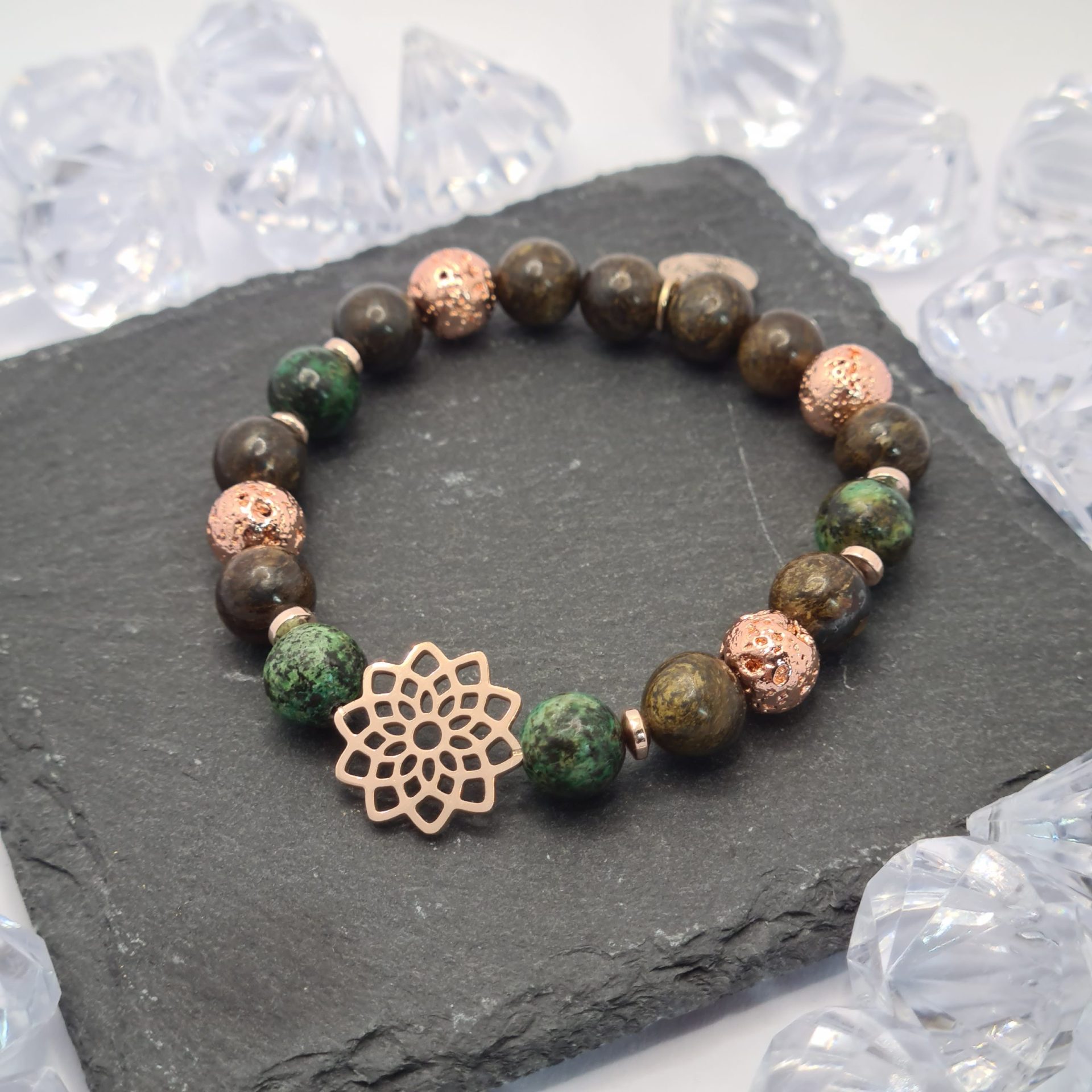Bronzit-Afrikai türkiz Mandala karkötő rose gold színű kiegészítőkkel