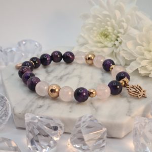 Lila Tigrisszem- Rózsakvarc Freedom karkötő rose gold színű nemesacél kiegészítőkkel